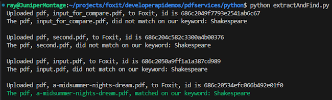 Output from the script showing documents that contained the keyword | Foxit APIs